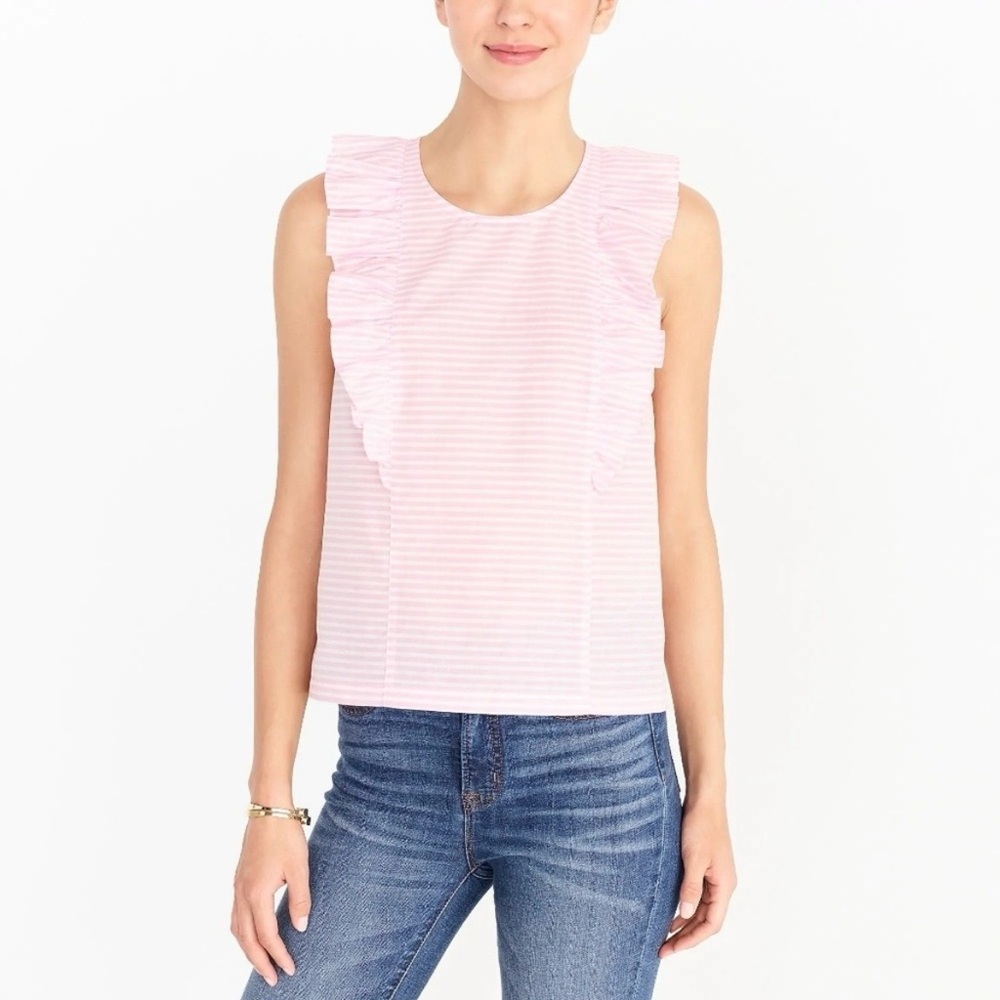 J.Crew Pink Striped Ruffle Cotton Top Blouse 00 XXS
